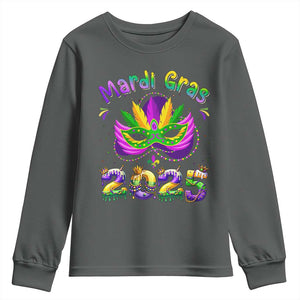 Happy Mardi Gras 2025 Youth Sweatshirt Masquerade Mask Carnival New Orleans Trip TS10 Dark Heather Print Your Wear