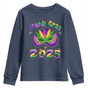 Happy Mardi Gras 2025 Youth Sweatshirt Masquerade Mask Carnival New Orleans Trip TS10 Navy Print Your Wear