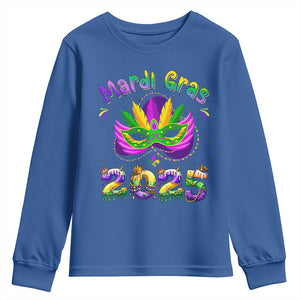 Happy Mardi Gras 2025 Youth Sweatshirt Masquerade Mask Carnival New Orleans Trip TS10 Royal Blue Print Your Wear