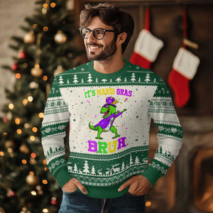 Bruh Mardi Gras Ugly Christmas Sweater Dinosaur Meme New Orleans Party Custume Beads TS10 Beige Green Print Your Wear