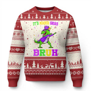 Bruh Mardi Gras Ugly Christmas Sweater Dinosaur Meme New Orleans Party Custume Beads TS10 Beige Red Print Your Wear