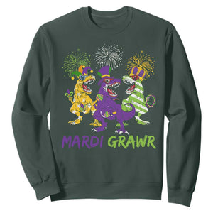 Mardi Gras Dinosaur Sweatshirt Dino Mardi Grawr Firework TS10 Dark Forest Green Print Your Wear