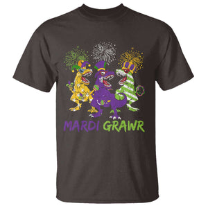 Mardi Gras Dinosaur T Shirt Dino Mardi Grawr Firework TS10 Dark Chocolate Print Your Wear