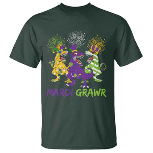 Mardi Gras Dinosaur T Shirt Dino Mardi Grawr Firework TS10 Dark Forest Green Print Your Wear