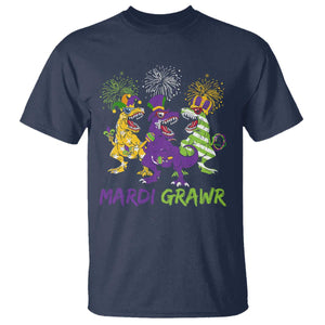 Mardi Gras Dinosaur T Shirt Dino Mardi Grawr Firework TS10 Navy Print Your Wear