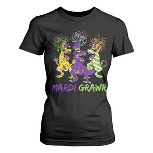 Mardi Gras Dinosaur T Shirt For Women Dino Mardi Grawr Firework TS10 Black Print Your Wear