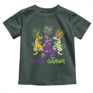 Mardi Gras Dinosaur Toddler T Shirt Dino Mardi Grawr Firework TS10 Dark Forest Green Print Your Wear