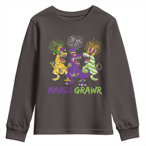 Mardi Gras Dinosaur Youth Sweatshirt Dino Mardi Grawr Firework TS10 Dark Chocolate Print Your Wear