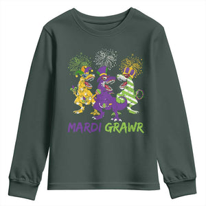 Mardi Gras Dinosaur Youth Sweatshirt Dino Mardi Grawr Firework TS10 Dark Forest Green Print Your Wear