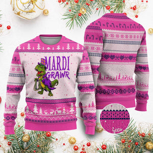 Dinosaur Mardi Gras Ugly Christmas Sweater Funny Meme New Orleans Party Custume Beads TS10 Hot Pink Print Your Wear