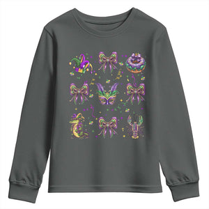 Mardi Gras Coquette Youth Sweatshirt Glitter Print Louisiana New Orleans Party Custume Beads TS10 Dark Heather Print Your Wear