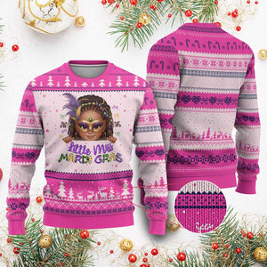 Little Miss Mardi Gras Ugly Christmas Sweater Afro Messy Bun Girls Kids Mask Cute New Orleans TS10 Hot Pink Print Your Wear