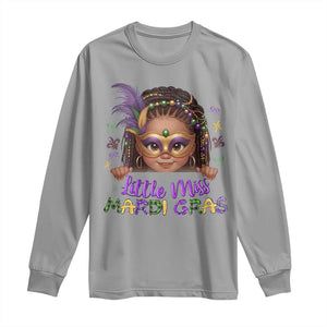 Little Miss Mardi Gras Long Sleeve Shirt Afro Messy Bun Girls Kids Mask Cute New Orleans TS10 Sport Gray Print Your Wear