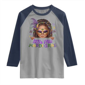 Little Miss Mardi Gras Raglan Shirt Afro Messy Bun Girls Kids Mask Cute New Orleans TS10 Sport Gray Navy Print Your Wear