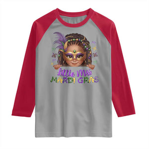Little Miss Mardi Gras Raglan Shirt Afro Messy Bun Girls Kids Mask Cute New Orleans TS10 Sport Gray Red Print Your Wear