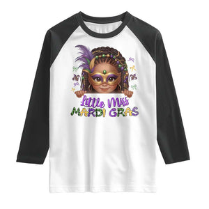 Little Miss Mardi Gras Raglan Shirt Afro Messy Bun Girls Kids Mask Cute New Orleans TS10 White Black Print Your Wear