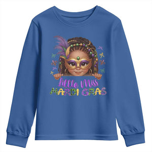 Little Miss Mardi Gras Youth Sweatshirt Afro Messy Bun Girls Kids Mask Cute New Orleans TS10 Royal Blue Print Your Wear