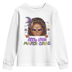 Little Miss Mardi Gras Youth Sweatshirt Afro Messy Bun Girls Kids Mask Cute New Orleans TS10 White Print Your Wear