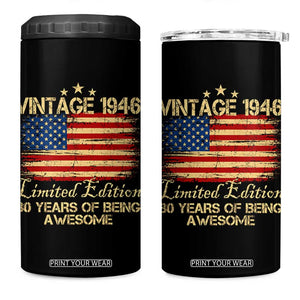 80th Birthday 4 in 1 Can Cooler Tumbler Vintage 1946 Limited Edition 80 Year Old Birthday USA Flag TS10 One Size: 16 oz Black Print Your Wear