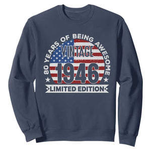 80th Birthday Sweatshirt Vintage 1946 80 Year Old Birthday American Flag TS10 Navy Print Your Wear
