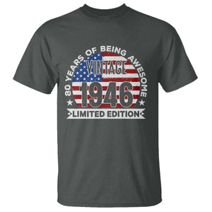 80th Birthday T Shirt Vintage 1946 80 Year Old Birthday American Flag TS10 Dark Heather Print Your Wear