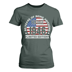 80th Birthday T Shirt For Women Vintage 1946 80 Year Old Birthday American Flag TS10 Dark Forest Green Print Your Wear