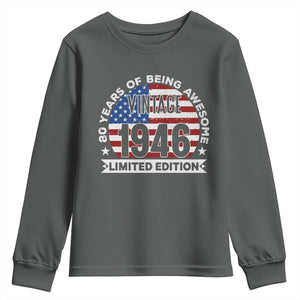 80th Birthday Youth Sweatshirt Vintage 1946 80 Year Old Birthday American Flag TS10 Dark Heather Print Your Wear