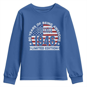 80th Birthday Youth Sweatshirt Vintage 1946 80 Year Old Birthday American Flag TS10 Royal Blue Print Your Wear
