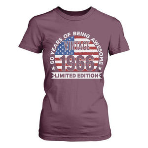 60th Birthday T Shirt For Women Vintage 1966 60 Year Old Birthday American Flag TS10 Maroon Print Your Wear