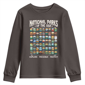 Protect Our National Parks Youth Sweatshirt 63 Parks Over Profits Camping Hiking Sunrise Pine Tree TS10 Dark Chocolate Print Your Wear