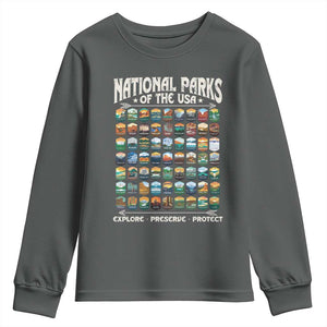 Protect Our National Parks Youth Sweatshirt 63 Parks Over Profits Camping Hiking Sunrise Pine Tree TS10 Dark Heather Print Your Wear