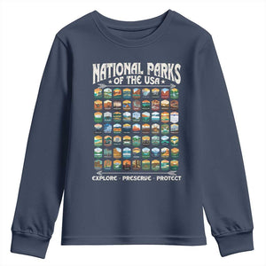 Protect Our National Parks Youth Sweatshirt 63 Parks Over Profits Camping Hiking Sunrise Pine Tree TS10 Navy Print Your Wear