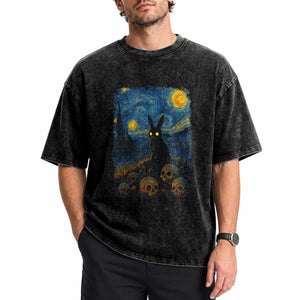 Creepy Cute Bunny Rabbits Washed Cotton T-Shirt Alt Goth Grunge Dark Horror Starry Night Van Gogh Aesthetic