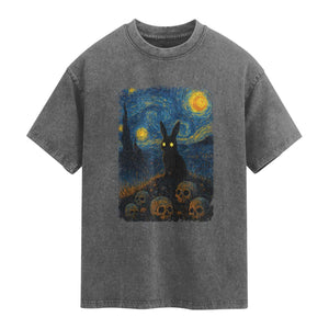 Creepy Cute Bunny Rabbits Washed Cotton T-Shirt Alt Goth Grunge Dark Horror Starry Night Van Gogh Aesthetic