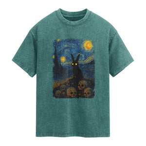Creepy Cute Bunny Rabbits Washed Cotton T-Shirt Alt Goth Grunge Dark Horror Starry Night Van Gogh Aesthetic