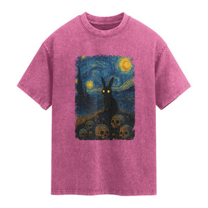 Creepy Cute Bunny Rabbits Washed Cotton T-Shirt Alt Goth Grunge Dark Horror Starry Night Van Gogh Aesthetic