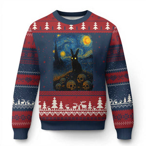Creepy Cute Bunny Rabbits Ugly Christmas Sweater Alt Goth Grunge Dark Horror Starry Night Van Gogh Aesthetic TS10 Navy Red Print Your Wear