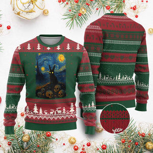 Creepy Cute Bunny Rabbits Ugly Christmas Sweater Alt Goth Grunge Dark Horror Starry Night Van Gogh Aesthetic TS10 Red Green Print Your Wear