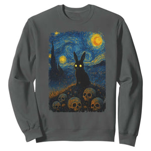 Creepy Cute Bunny Rabbits Sweatshirt Alt Goth Grunge Dark Horror Starry Night Van Gogh Aesthetic TS10 Dark Heather Print Your Wear