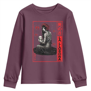 La Llorona Youth Sweatshirt Folklore Japanese Spider Lily Soft Grunge Anime Aesthetic Flower TS10 Maroon Print Your Wear