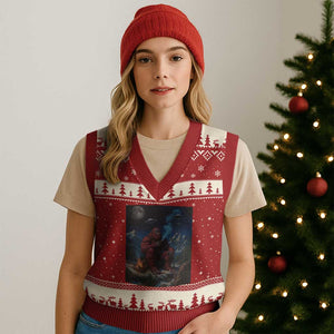 Funny Smoking Bigfoot V-Neck Knit Sweater Vest Vintage Cigarette Sasquatch UFO Cryptid Meme TS10 Red Beige Print Your Wear