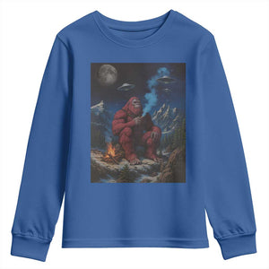 Funny Smoking Bigfoot Youth Sweatshirt Vintage Cigarette Sasquatch UFO Cryptid Meme TS10 Royal Blue Print Your Wear