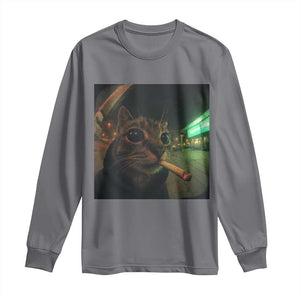 Funny Smoking Cat Long Sleeve Shirt Retro 90s Grunge Cat Selfie Streetwear Meme TS10 Charcoal Print Your Wear
