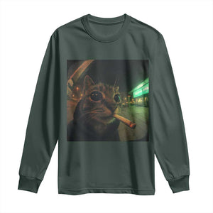 Funny Smoking Cat Long Sleeve Shirt Retro 90s Grunge Cat Selfie Streetwear Meme TS10 Dark Forest Green Print Your Wear
