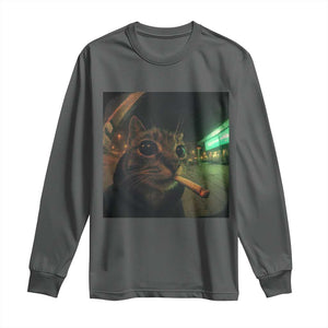 Funny Smoking Cat Long Sleeve Shirt Retro 90s Grunge Cat Selfie Streetwear Meme TS10 Dark Heather Print Your Wear