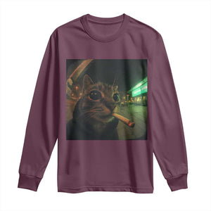 Funny Smoking Cat Long Sleeve Shirt Retro 90s Grunge Cat Selfie Streetwear Meme TS10 Maroon Print Your Wear