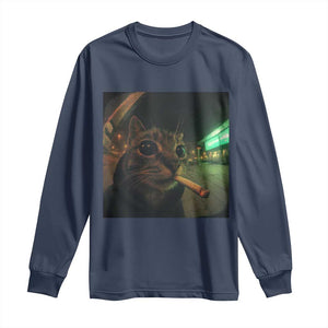 Funny Smoking Cat Long Sleeve Shirt Retro 90s Grunge Cat Selfie Streetwear Meme TS10 Navy Print Your Wear