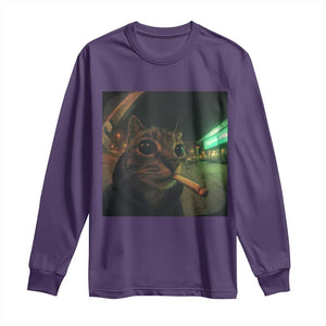 Funny Smoking Cat Long Sleeve Shirt Retro 90s Grunge Cat Selfie Streetwear Meme TS10 Purple Print Your Wear