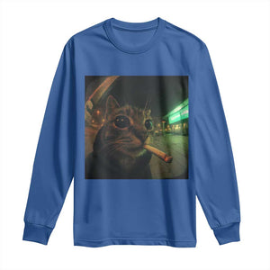 Funny Smoking Cat Long Sleeve Shirt Retro 90s Grunge Cat Selfie Streetwear Meme TS10 Royal Blue Print Your Wear