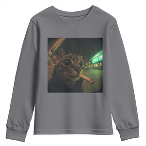 Funny Smoking Cat Youth Sweatshirt Retro 90s Grunge Cat Selfie Streetwear Meme TS10 Charcoal Print Your Wear